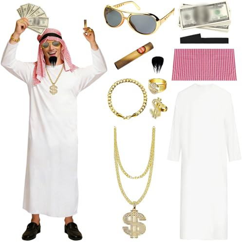 AOMAIGAD Arabisk Shejkdräkt för män, Arabisk vuxendräkt, Arabiskt dräktset, med vit tunika, skägg, glasögon och tillbehör för fest och karneval (XXL)