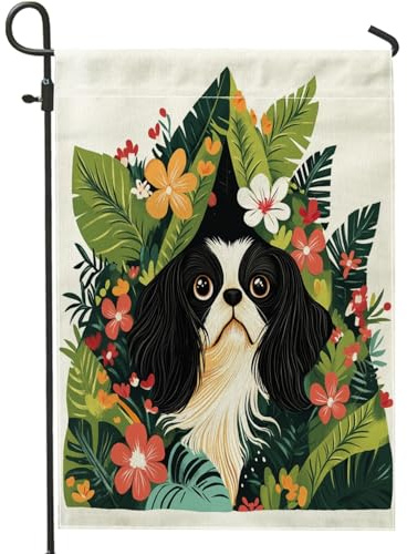 Drapeaux de jardin japonais à motif de chien de printemps 30,5 x 45,7 cm double face pour l'extérieur, plantes amusantes pour fleurs, chiots, drapeaux verticaux standard en toile pour maison, feuilles