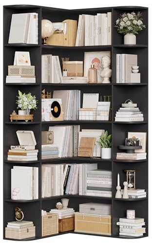 FirFurd 185 cm Eckregal Bücherregal Ecke Eckschrank mit 6 Ebenen schwarz | Eckbücherregal stehend, Bücherschrank L-förmig, Eckvitrine für Arbeitszimmer, Wohnzimmer, Bibliotheken, 80 x 84 x 185 cm
