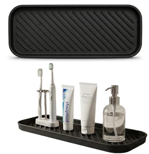 2PCS Silicone Kitchen Sink Organiser Tray, Non-Slip Sponge Holder for Kitchen Sink Bathroom Countertop – Quick Drying Soap Dish, Washing Up Caddy & Draining Mat for Scrubber, Dispenser, Black