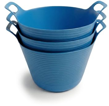 ORGANIZED 40L Flexi Tub Set of 3 Large Heavy Duty Flexible Buckets Multi Purpose Garden Tub Builders Bucket Rubber Storage Container Cleaning DIY (Blue)