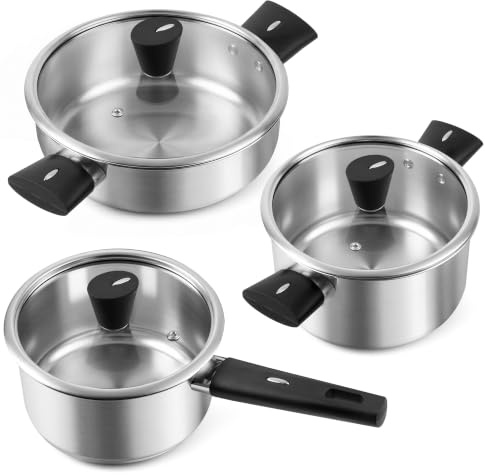 ASKSCICI Stainless Steel Pots and Pans Set, 6-Piece Non Toxic Cookware Set with Glass Lids, Saucepan, Stockpot & Sauté Pan, Induction Compatible Pot Set, Even Heating Kitchen Cooking Set