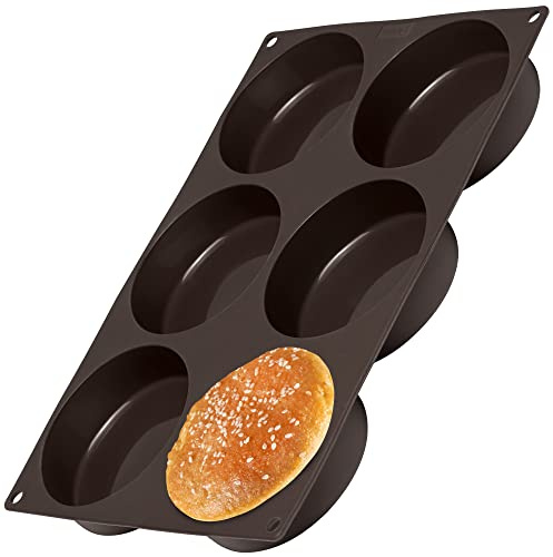 LURCH Germany Flexiform Non Stick Silicone Hamburger Bun Baking Pan | Perfect Mold For Little Cakes Or Bread | 6 Cavities For Burger Buns - Brown (Ø 3 Buns)