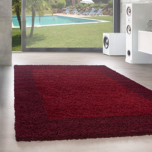 SIMPEX Teppich Wohnzimmer Shaggy Moderne Bordüre Design Rot 300 x 400 cm - Hochflor Teppich Schlafzimmer Extra Weich und Pflegeleicht - Flauschiger Teppich Langflor für Küche Carpet Living Room
