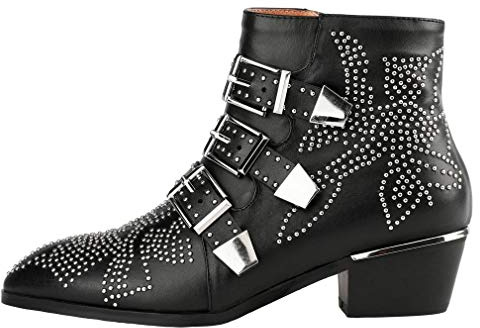 Arqa Women's Studded Ankle Boots Leather Multiple Buckle Chunky Heel Booties Almond Toe Zipper Punk Boot