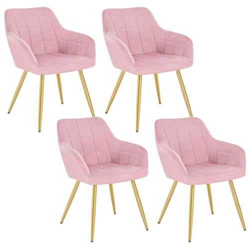 WOLTU Esszimmerstühle 4er Set, Küchenstühle gepolstert | mit Armlehnen, Sitzfläche aus Samt, Metallbeine, für Wohnzimmer Küche Esszimmer, Rosa-Gold