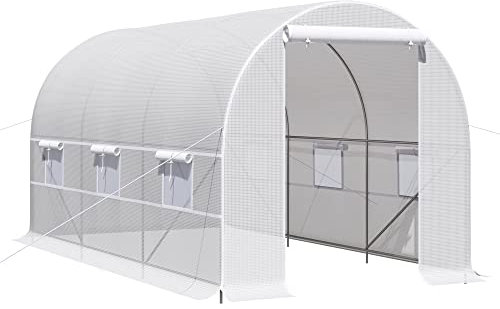 Outsunny Serra per Orto con 6 Finestre e Porta Avvolgibile, Serra da Giardino a Tunnel, Serra per Piante con Struttura in Metallo e Telo in Polietilene, 4x2x2m, Bianco