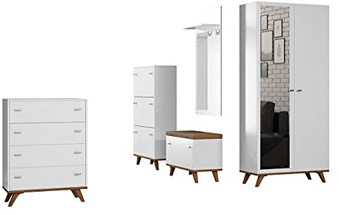 Mirjan24 Garderoben-Set Felice I, 5-TLG Garderobe, Schuhschrank Kommode mit 4 schubladen, Schuhschrank, Garderobenpaneel mit Spiegel, Regal und 2 Kleiderhaken (Weiß Molet/Eiche Craft)