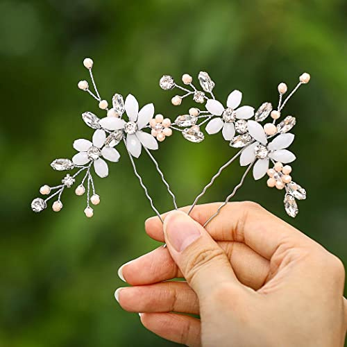 IYOU Braut Blume Haarnadeln Silber Strass Braut Haarspangen Perle Hochzeit Haarschmuck für Frauen und Mädchen (2 Stück) (Silber)