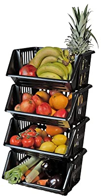 Stapelbare Aufbewahrungskörbe mit 4 Etagen, für Küchenregal, Spielzeug, freistehendes Regal, Organizer, Kunststoff, Obst, Zwiebeln, Kartoffeln, Unterregal, Van, Hauswirtschaftsraum, stapelbar, groß,