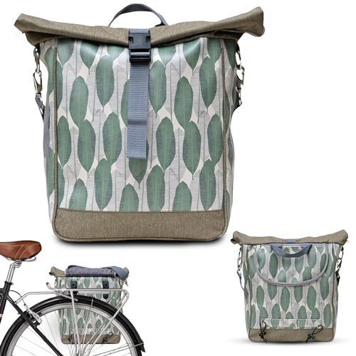 Ikuri Fahrradtasche für Gepäckträger Satteltasche Einzeltasche Packtasche, abnehmbar, mit Tragegurt zum Umhängen, aus Plane, Unisex, Wasserdicht - Modell Banana Leaf