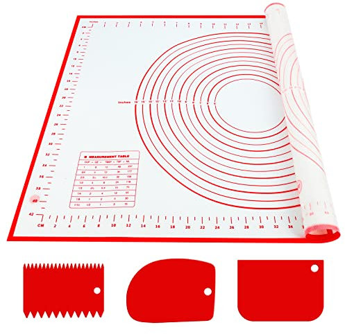 Silikon-Backmatte, groß, 70 x 50 cm, antihaftbeschichtete Teigmatte, Rollmatte mit Messung mit 3 Teigschabern, wiederverwendbares Backzubehör für Teig, Fondant, Makronen, Kekse, Pizza