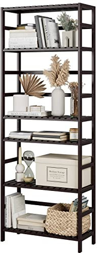 FOTOSOK 6-Tier Bamboo Shelf, Bamboo Bookcase with Adjustable Shelves, Free Standing Storage Shelf Unit, Plant Flower Stand for Kitchen, Bathroom, Home Office, Vintage