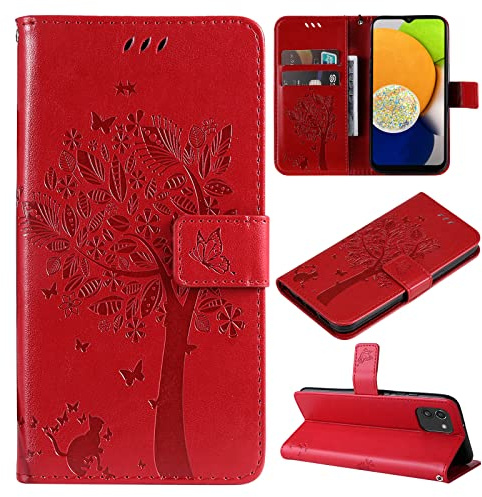 Fatcatparadise Kompatibel mit Samsung Galaxy A03 Hülle, Handyhülle Samsung A03, Prägung Muster Schutzhülle Galaxy A03 PU Leder Wallet Case Klappbar Flip Hülle Brieftasche Ledertasche (Rot)