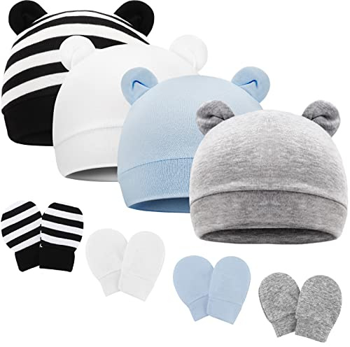 DRESHOW Neugeborenes Baby Mütze Hut und Handschuhe Set Unisex Infant Hut | Für 0–6 Monate, Baby-Baumwolle, Strickmütze mit Bärenohren und Kratzhandschuhen, Mützen für jede Jahreszeit