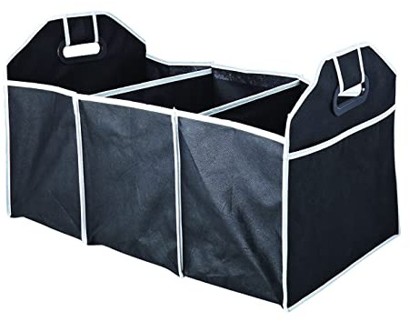 PARENCE - Set mit 2 faltbaren Kofferraum-Organizern/Aufbewahrungstasche für Auto mit 3 Fächern und Griffen – tragbarer Behälter mit großer Kapazität – Polyester – Farbe Schwarz
