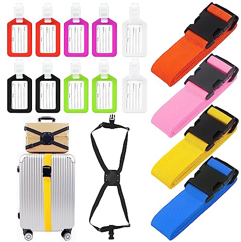 Rustark 15 Stück Bunt Gepäckgurt Koffergurt mit Gepäckanhänger Hochelastischer Koffer Set Einstellbare Gepäckgurt, 4-Farben Lang Lofferbänder Luggage Strap Elastizität Kofferanhänger für Reisen Koffer