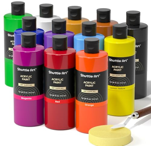 Shuttle Art Acrylic Paint Set, 12 Colours Acrylic Paint Bottle Set (473ml/16oz), Rich Pigmented Paints, Bulk Painting Supplies for Artists, Beginners Kids on Rocks Crafts Canvas Wood Ceramic