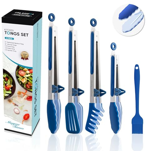 5-pack silikontänger för matlagning, Maywe Tanso 4 st 33 cm matlagning kökstänger med silikonspetsar, nonstick rostfritt stål tång för biff paj pizza pasta spagetti sallad BBQ buffé, plus borste