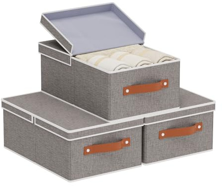 YheenLf 3-Pack Storage Boxes, Decorative Fabric Organizer Container Baskets with Handles for Shelves, Collapsible Clothes Cubes with Detachable Lid, Gray, 33×23×14 cm