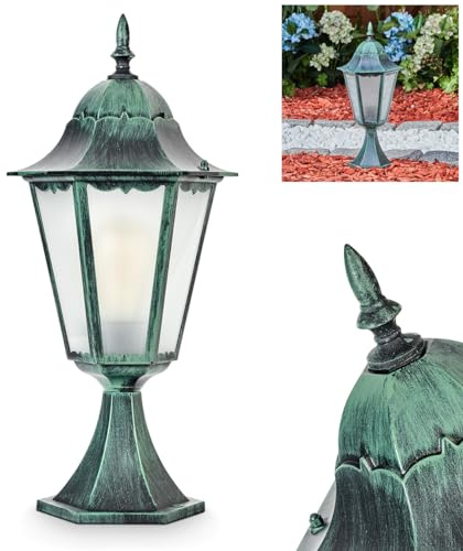 HOFSTEIN Sockelleuchte Hongkong, Außenwegeleuchte aus Metall/Milchglas in Schwarz-Grün, Wechselscheiben Klar, Wegeleuchte im Antik/Retro/Vintage-Design für Garten, Außenbereich, Hof, 50 cm, E27, IP44