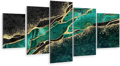 HUBDECO 5-Teiliges Leinwand Bild Wohnzimmer - Bilder, Poster, Kunstdrucke - Leinwandbild - Bild auf Leinwand - Tolle Zimmerdekoration - Schlafzimmer Bilder - 158x90 cm Grüner Marmor
