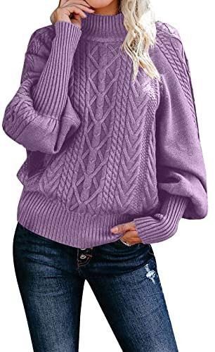 Pull en grosse maille pour femme - Pull léger à col roulé - Automne - Hiver - Manches longues - Motif torsadé - Pull chaud - Pull d'hiver tendance décontracté, lilas, XL