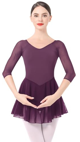 Ropa de ballet para mujer, vestido de danza de ballet, manga 3/4, maillot de ballet, gimnasia, maillot de danza con falda de gasa, vestido de ballet, ropa de danza de bailarina, fucsia, M