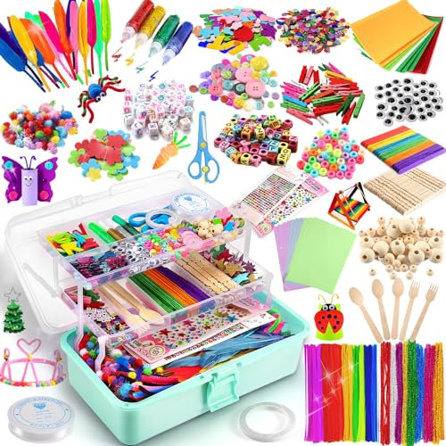 Gutenguy 3200+ Bastelsets für Kinder Bastelmaterial in Bastelkoffer, 32cm 3-Regal Mehrzweck Bastelbox DIY Bastelzubehör Bastelbedarf Material Set (Grün)