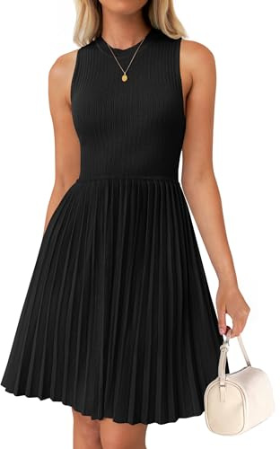 ZESICA Women's Summer Sleeveless Mini Dress 2025 Crewneck Knit A Line Pleated Swing Casual Basic Short Dress,Black,Large