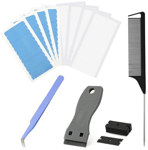 LIXINS 17Pcs Hair Tapes for Extensions - 4 Sheets Double Sided, 4 Sheets Single Side, With Scraper, Hair Comb, Tweezers