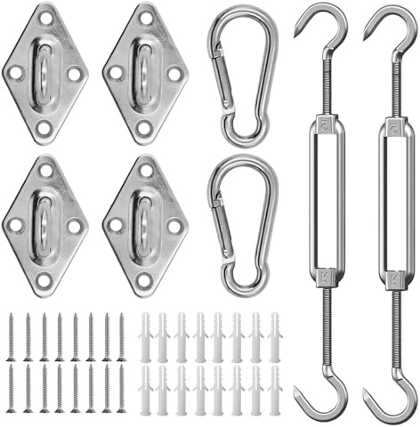 AUMAYCO M6 Sonnensegel Befestigungs Kit 40 Stück, Sonnensegel Zubehör Montage für Viereckigen Dreieckigen 304 Edelstahl Sonnensegel Befestigungsset(8-teiliges Set für Viereck + 32st Schrauben)