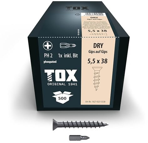 TOX Gips-auf-Gips-Schrauben DRY G 5,5 x 38 mm, Schrauben schwarz phosphatiert mit Trompetenkopf + Grobgewinde, sicheres Verbinden von 2 Gipskartonplatten, PH2, 500 Stück, inkl. 1x Bit, 142743215538