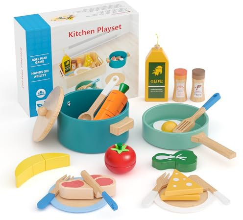 22 pezzi di accessori da cucina in legno, set di giocattoli da cucina per bambini, gioco di ruolo in cucina, set di pentole e padelle da cucina per ragazze, ragazzi, 3, 4, 5, 6 anni
