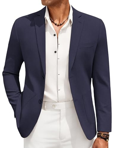 COOFANDY - Giacca da uomo, in lino, casual, blazer, leggera, con due bottoni, giacca da abito, Blu navy, S