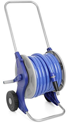TATAY Carro portamanguera con Ruedas + Rollo 20m, Conexión 5/8, Plástico, Color Azul, Medidas 47,7 x 46 x 90cm
