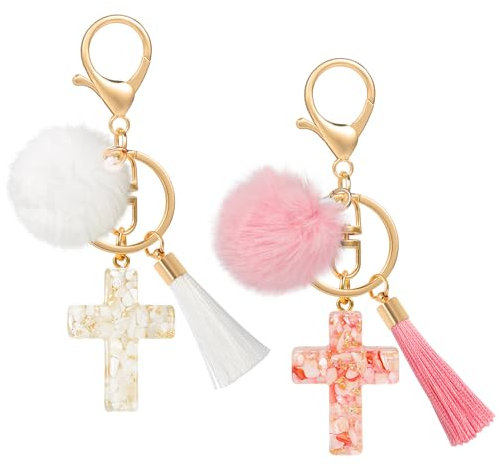 MWOOT 2 Pièces Porte Clé Croix Peluche Tassel, Chrétien Porte Clé Croix Keychain, Kawaii Croix Porte Clef Fille Porte Clé Pendentif Décoratif, Accessoire Voiture Charm Porte Clé Cadeau Fille Women