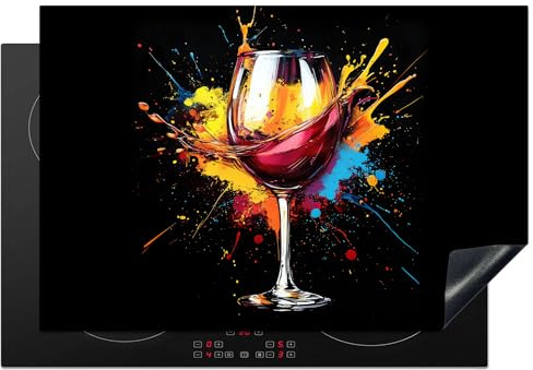 KitchenYeah© Protège Plaque Induction Deco Cuisine Accessoire Pratique | 78x52 cm - Protection De Vitroceramique Kitchen Gadget Vin - Verre - Graffiti - Boisson - Rouge - Peinture