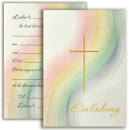 Lot de 10 cartes d'invitation avec enveloppes, gaufrage doré, double face, élégantes, motif croix aquarelle, délicates, pour baptême, communion, confirmation, arc-en-ciel, fille à personnaliser