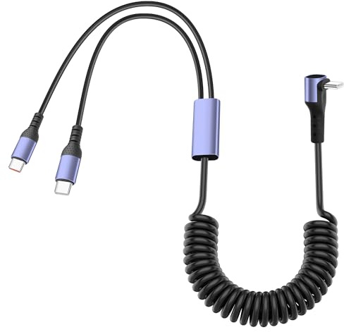 JSADZKJ 90 Degree USB Type C Spring Cable USB C to 2 Type C Y Splitter Fast Charging Cord 2-in-1 Coiled Multi Charging Cable for Car, Laptop, Tablet,Power Bank, Smartphone 5.9ft