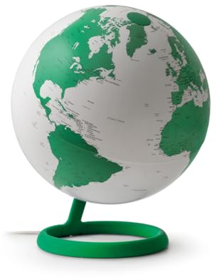 Tecnodidattica Atmosphere Evolve Velvet Giada - Mappamondo dal Design Scandinavo con lampada a colori, Cartografia Politica in lingua inglese, Diametro 30 cm e Made in Italy