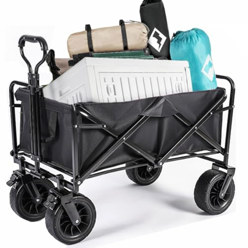 Chariot de camping pliable avec roulettes, poignée réglable et poche latérale pour un transport facile Idéal pour la plage, la pêche et le jardin