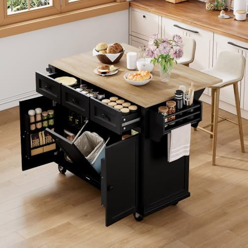 Wyibwy Isla de cocina con ruedas, mueble fijo/fijo en modo dual, isla cocina extensible para comedor con cubo de basura y cajones, para cocinas y restaurantes, color negro
