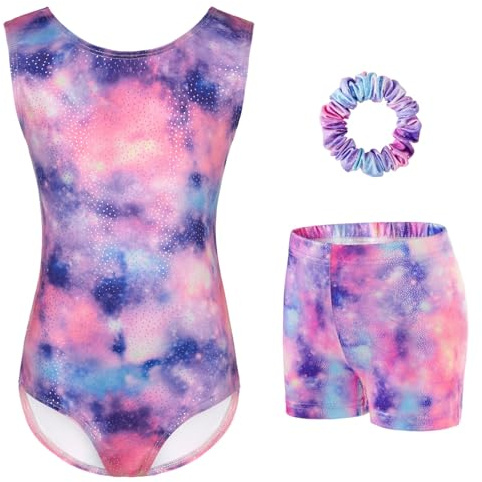 Gymnastics Leotards for Girls - Sparkling Gradient Design, Girls' Three-Piece Sleeveless Gymnastics Leotard Set with Shorts for Ballet & Dance (Purple Galary, Tag 10A(9-10 Years))