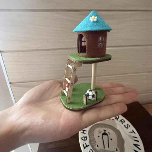 KARLOR Miniature Tree House with Ladder, Mini Cat House Felt Wood Felt House Miniature Hut Small Cottage with Soccer ball Mushroom,Table Decoration Desktop Ornaments Mini Scene Fairy Garden Decoration