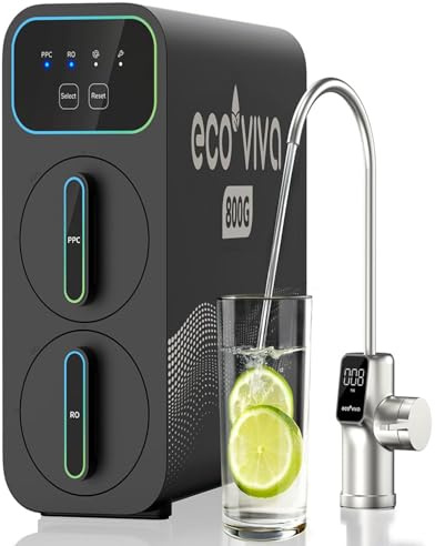 Ecoviva E8 800 GPD Reverse Osmosis Water Filter, 9-Stage Filtration RO System, Undersink Water Purifier, Reduces TDS, 2.5:1 Pure to Drain, Tankless, LED Smart Faucet