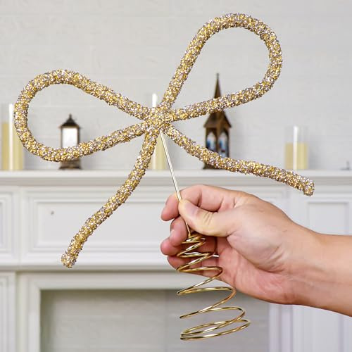 Christmas Tree Topper Bow, Heavy Gold Glass Rhinestone Bow Tree Topper Christmas Decor Electroplating Christmas Topper Bow Ornaments for Xmas Tree Decoration Holiday Home Party Supplies (Gold)