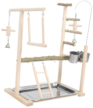 ANDRESLAD Vogelspielzeug Papageienzubehör Holz Papageien Stehstange mit Schaukel und Futternapf Kunststoff Beige als Vogelkäfig Dekoration und Trainingsspielplatz