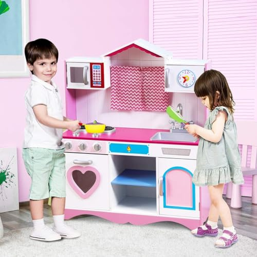 GOPLUS Cocina de Juguete para Niños, Juego de Simulación de Cocina, Cocinita Infantil de Lujo con Ventana Pequeña, Niños de 3 a 8 Años