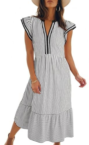 Dokotoo Womens Dresses 2026 V-Neck Cap Sleeve Empire Waist Dress Black XL | Spring, Summer, Flowy Hem, Striped, Beach, Midi, Maxi, Side Pockets, Elegant, Fashion, Casual